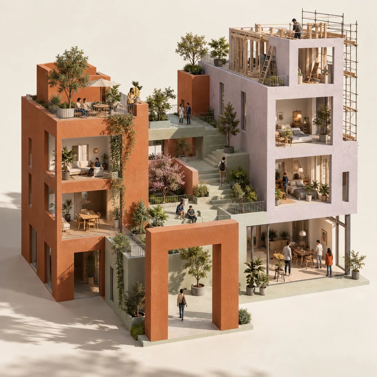 Illustriertes Gebäudemodell mit offenen Wohnräumen, Innenhof und einem Bauteil im Bau